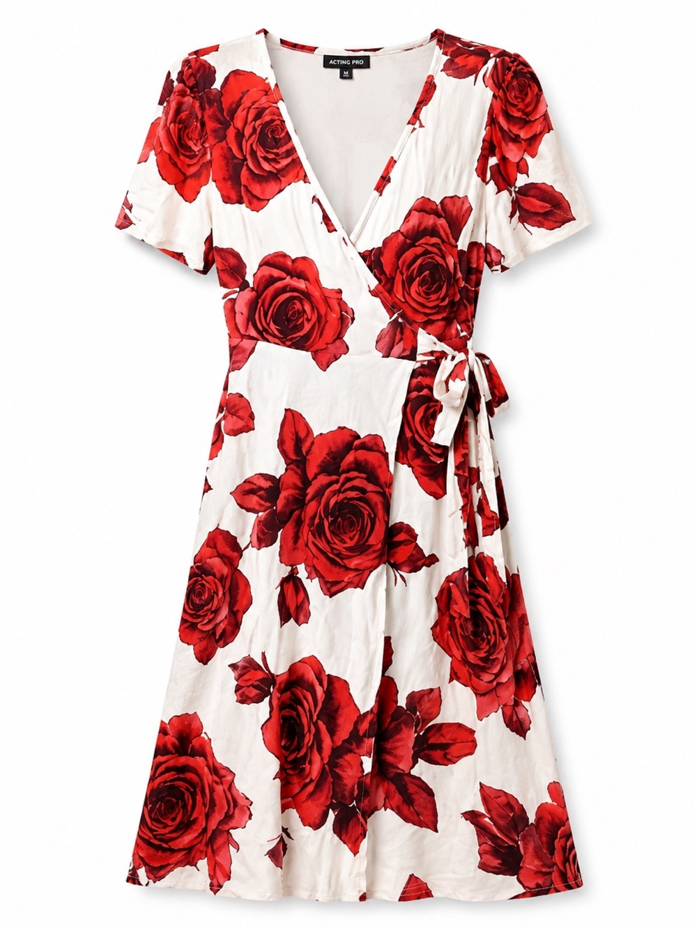 Red White Floral Wrap Dress Womens Midi V Neck Short Sleeve Summer Dress
